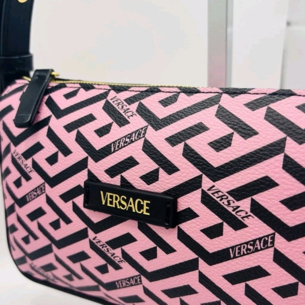 Versace Shoulder Bag Coated Canvas Monogram Calf Pink/black  $1050 Retail/ NEW - Picture 4 of 12